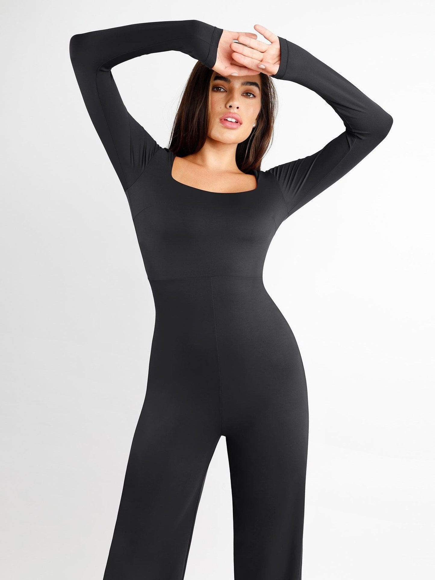 Square Neck Wide-Leg Long Sleeve Shapewear Jumpsuit