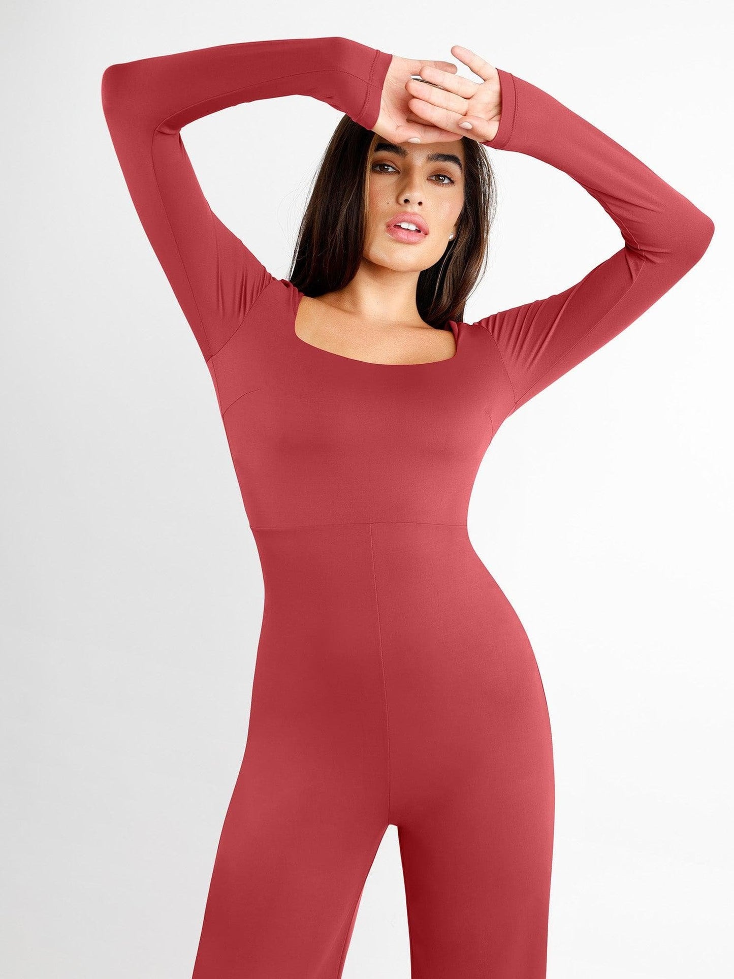 Square Neck Wide-Leg Long Sleeve Shapewear Jumpsuit