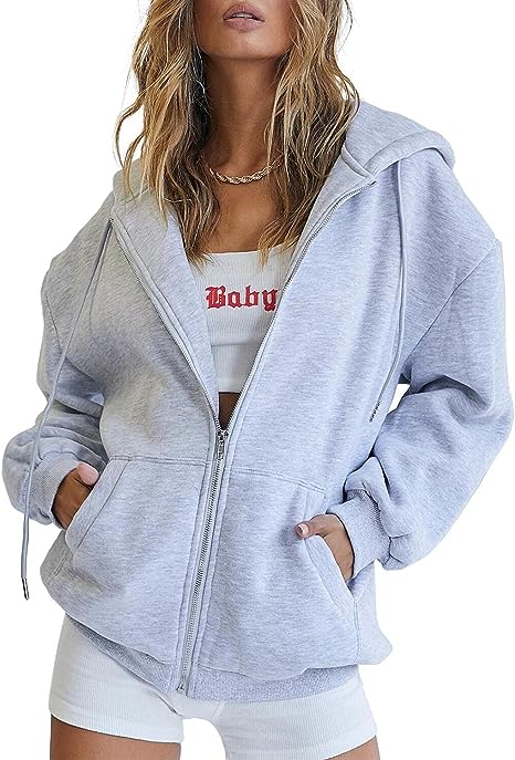 BOKE Women's Cute Hoodies Teen Girl Fall Jacket Oversized Sweatshirts Casual Drawstring Zip Up Y2K Hoodie with Pocket