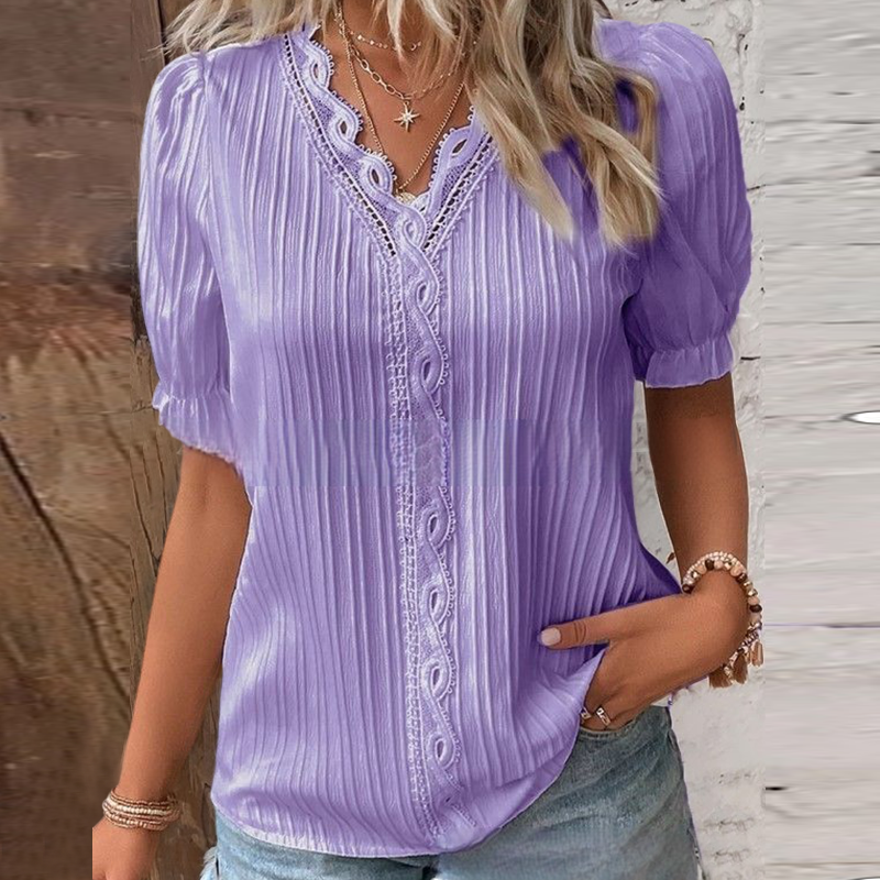 V Neck Plain Lace Elegant Shirt