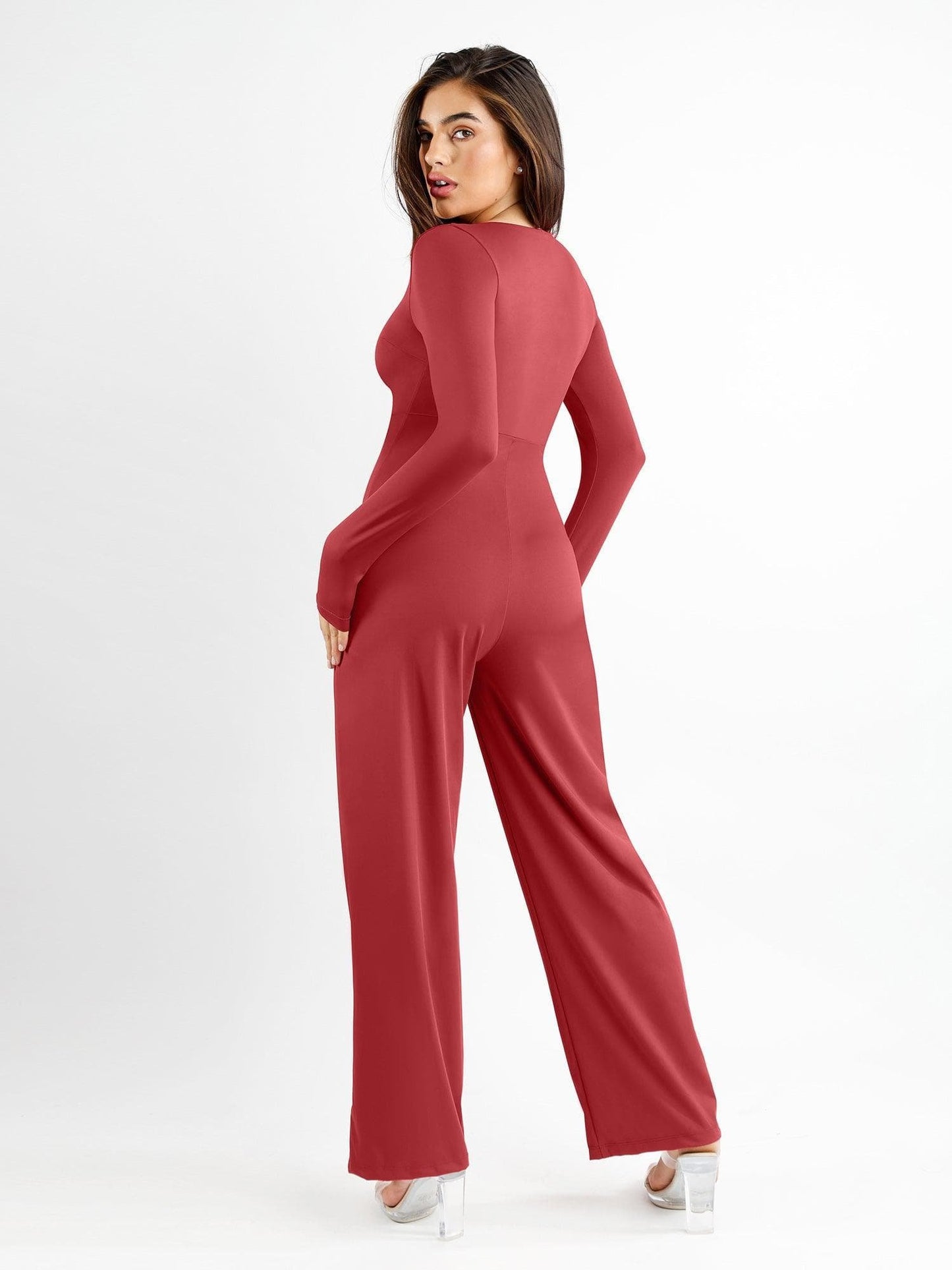 Square Neck Wide-Leg Long Sleeve Shapewear Jumpsuit