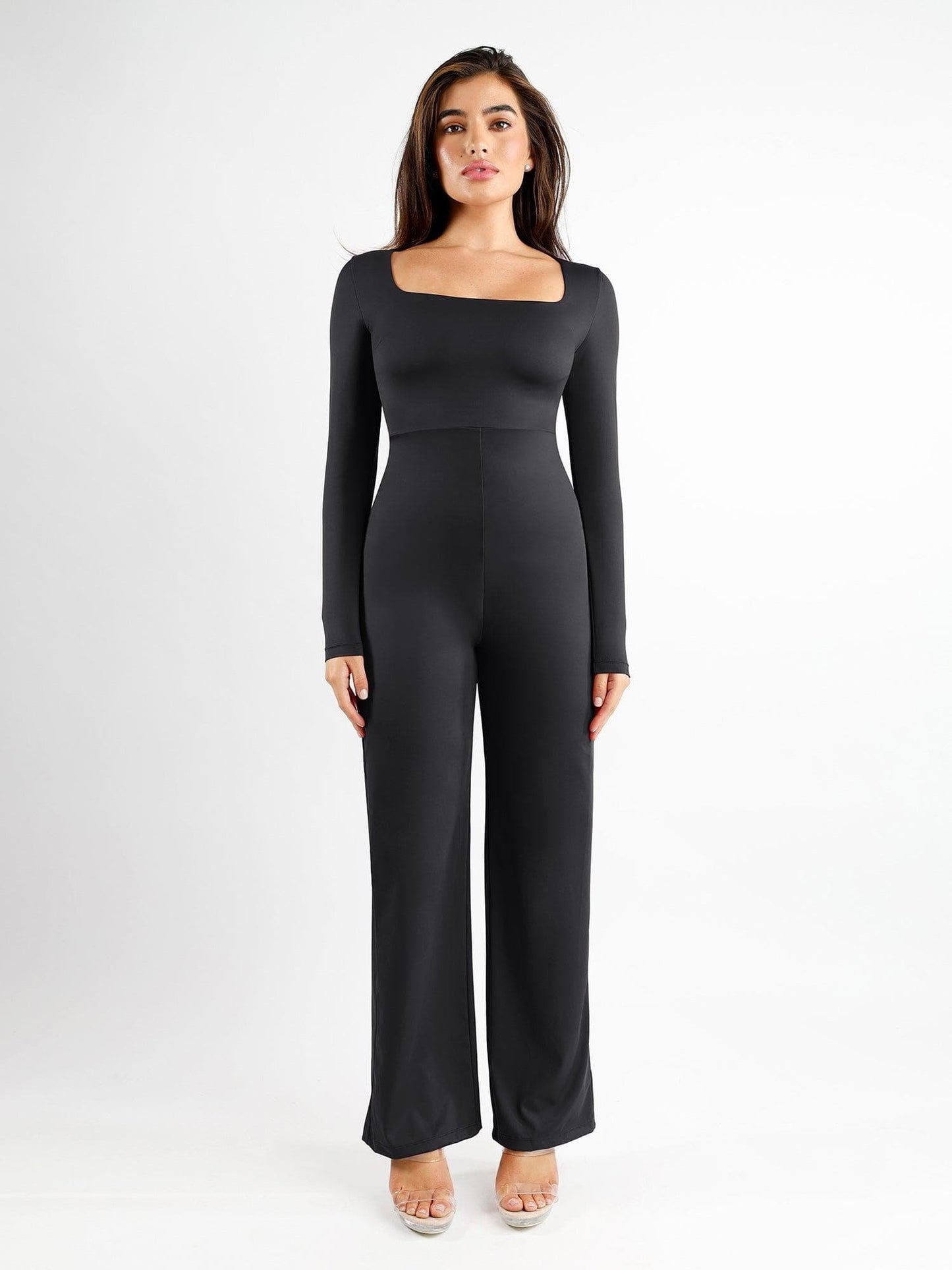 Square Neck Wide-Leg Long Sleeve Shapewear Jumpsuit