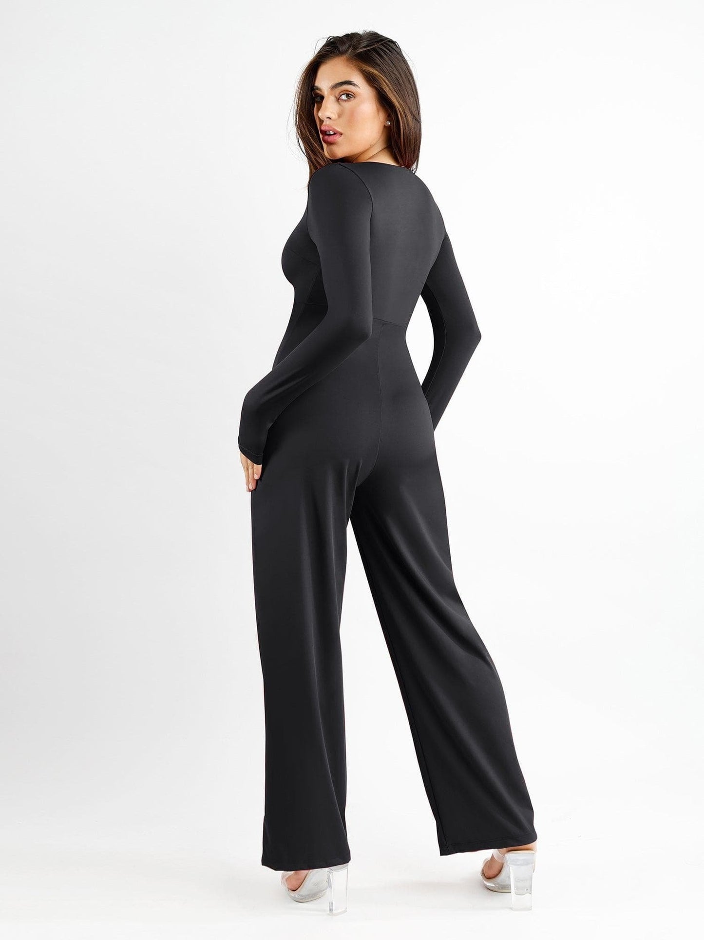 Square Neck Wide-Leg Long Sleeve Shapewear Jumpsuit