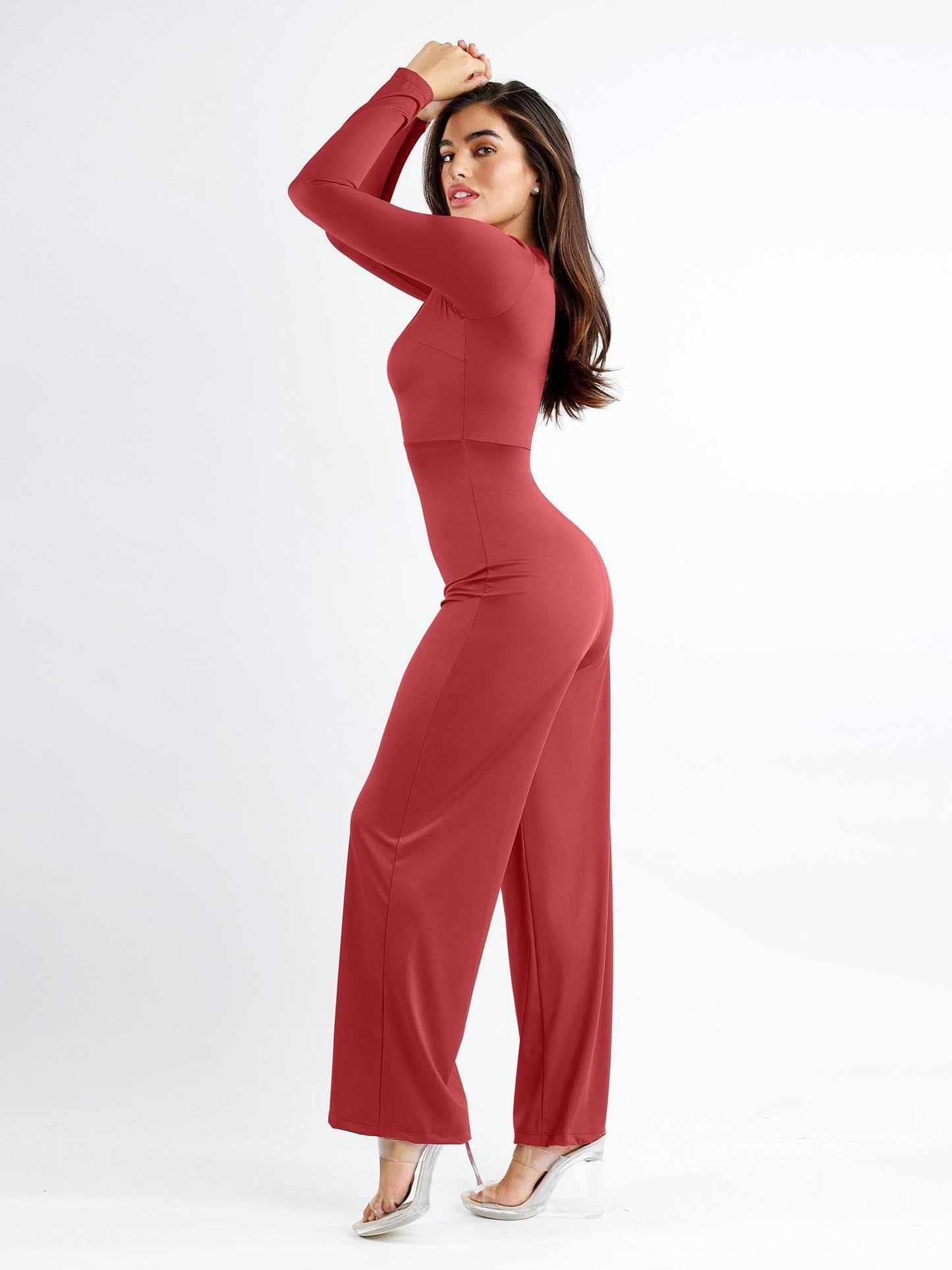 Square Neck Wide-Leg Long Sleeve Shapewear Jumpsuit