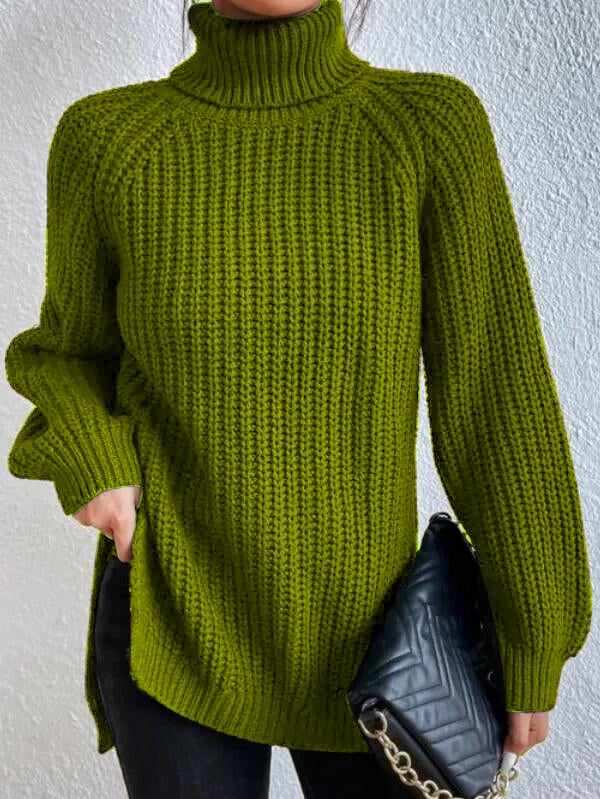 Cotton Turtleneck Raglan Sleeve Split Hem Sweater