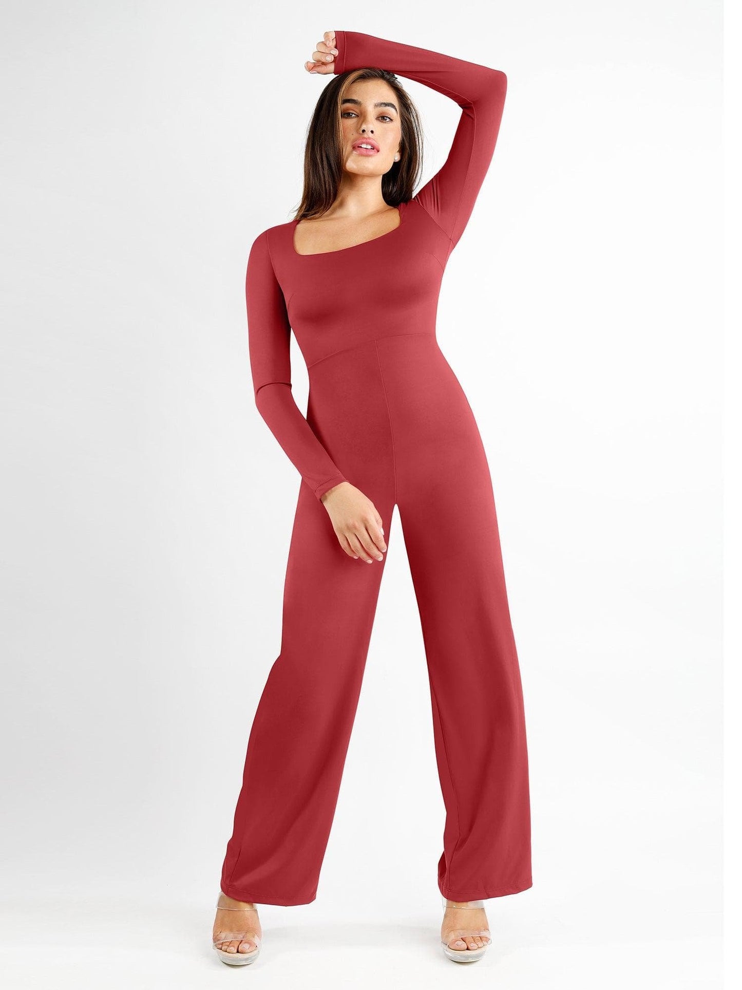 Square Neck Wide-Leg Long Sleeve Shapewear Jumpsuit