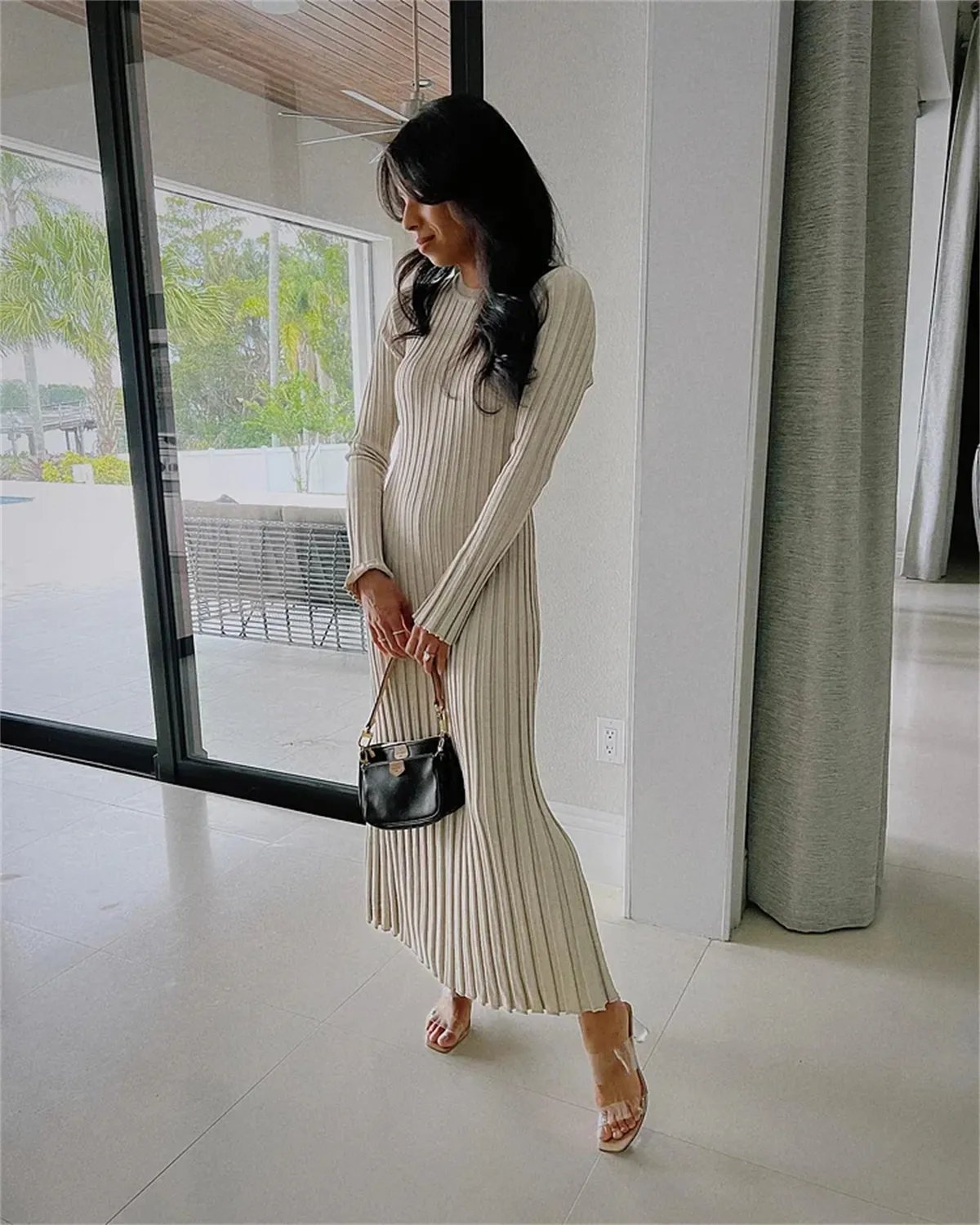 2023 Fall New Sleeved Knit Midi Dress(Buy 2 Free Shipping)