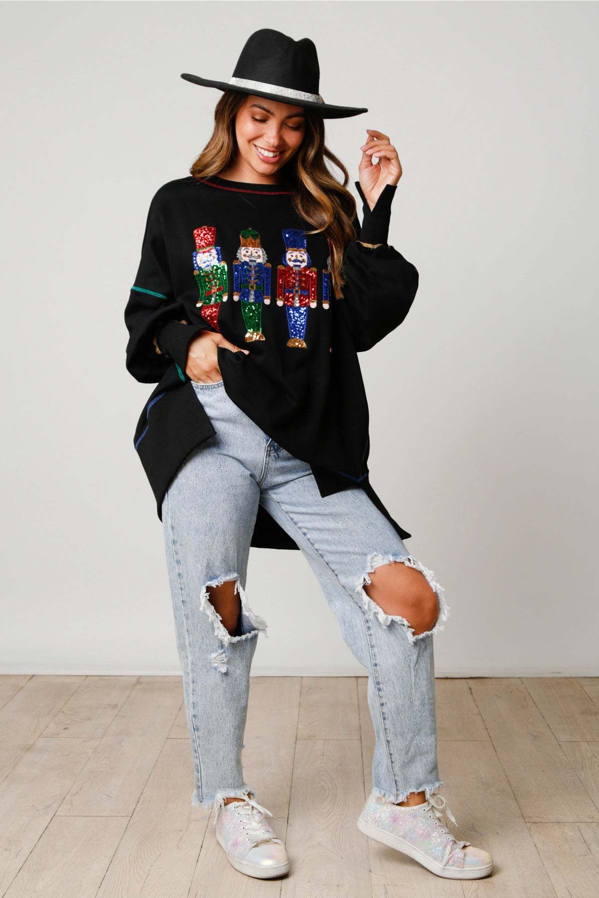 Christmas sequin print crew neck long sleeve sweatshirt