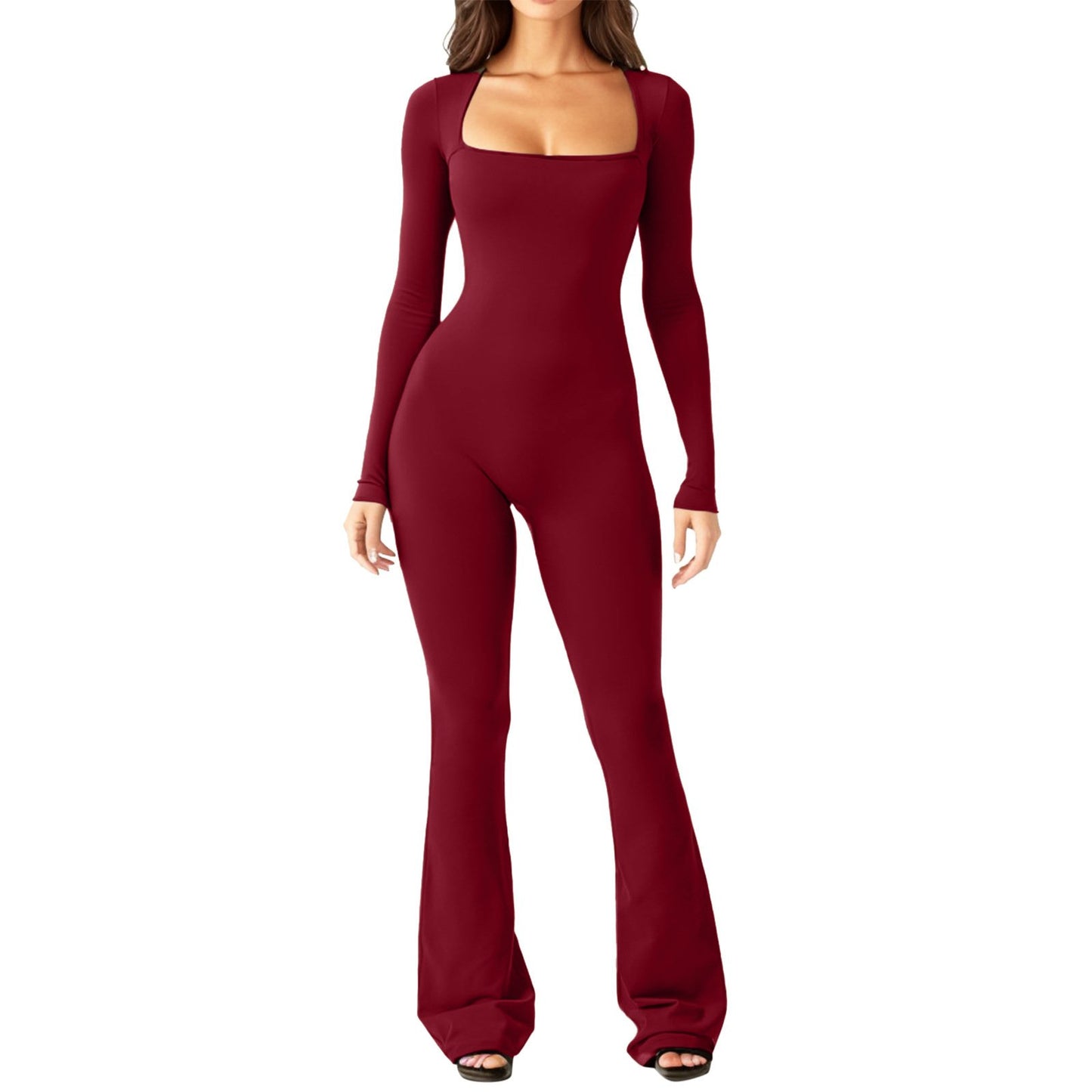 Square Neck Wide-Leg Long Sleeve Shapewear Jumpsuit