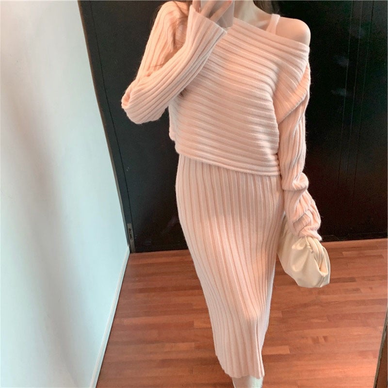 Knit Pullover Sweater and Cami Dress Set 🔥Buy 2 Free Shipping🔥