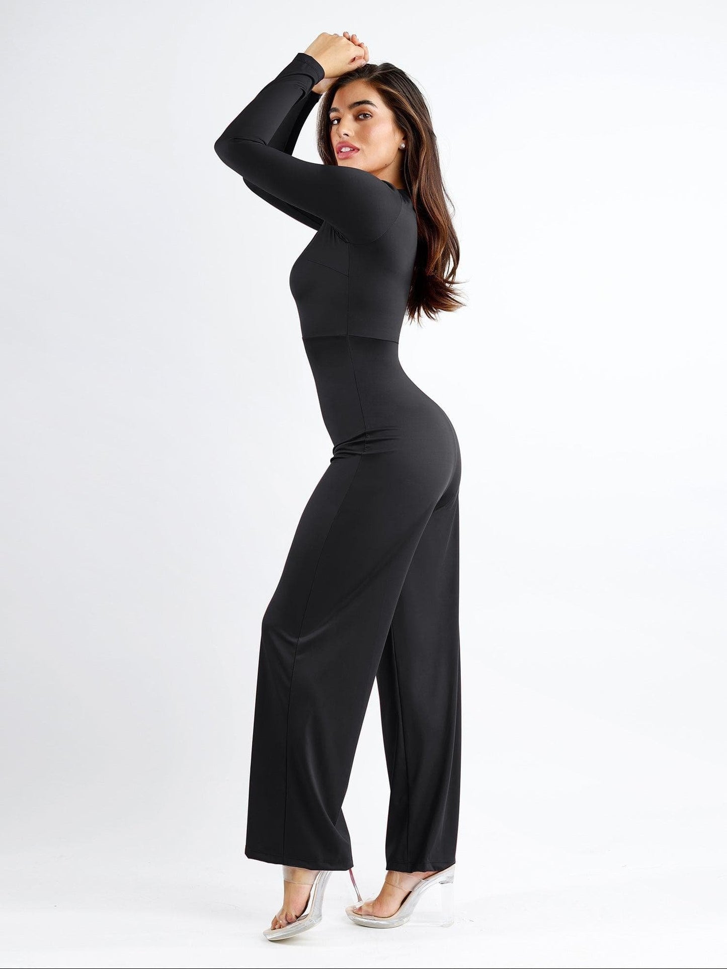 Square Neck Wide-Leg Long Sleeve Shapewear Jumpsuit