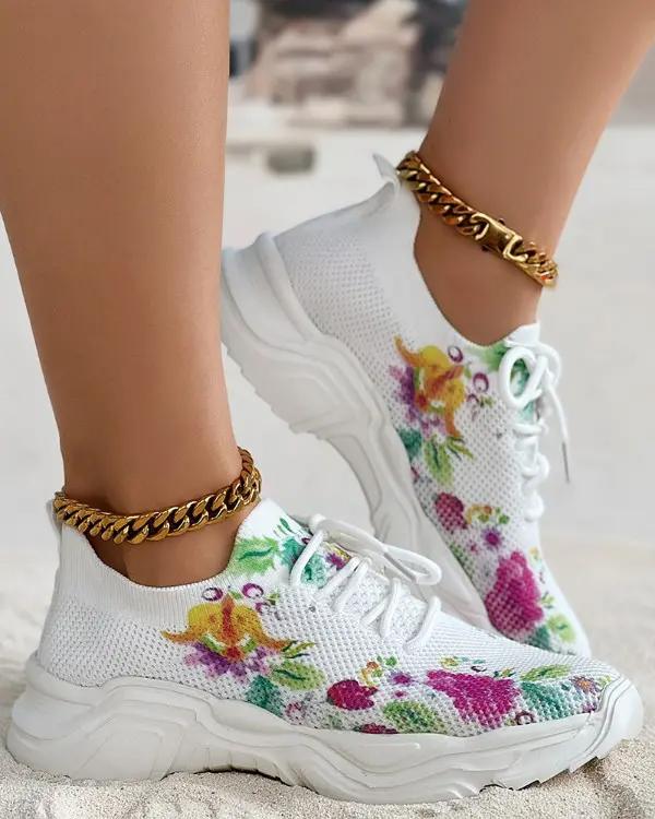 Last Day 60% OFF — Floral Print Lace-up Breathable Orthopedic Sneakers