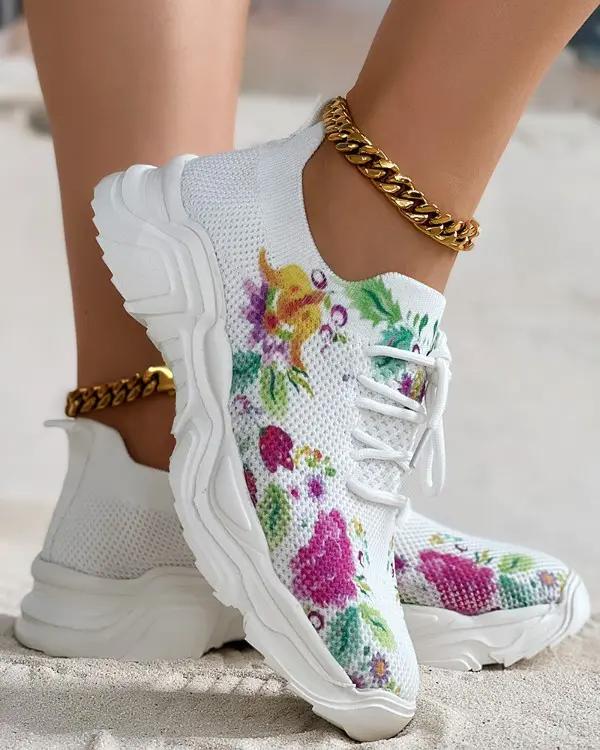 Last Day 60% OFF — Floral Print Lace-up Breathable Orthopedic Sneakers