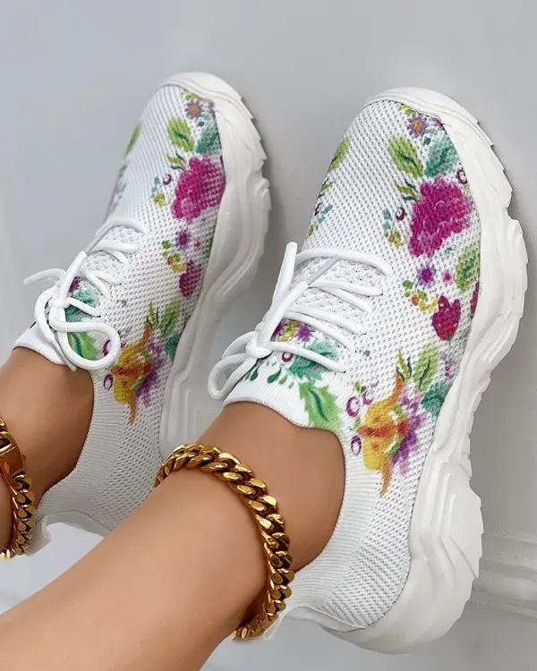 Last Day 60% OFF — Floral Print Lace-up Breathable Orthopedic Sneakers